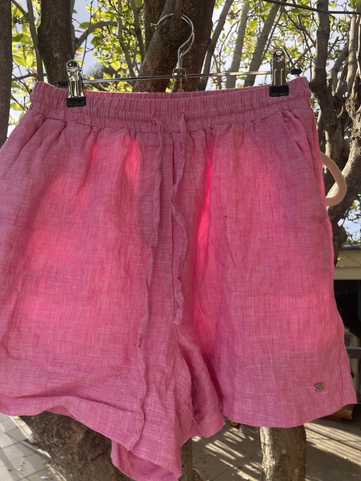 Shanda Women’s Pink Linen Casual Shorts S Drawstring Elastic Waist Relaxed
