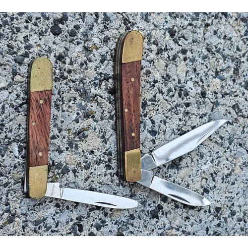 Set of 2 Small Pocket Knives Knife Brass & Wood Handle Stainless Blades Japan