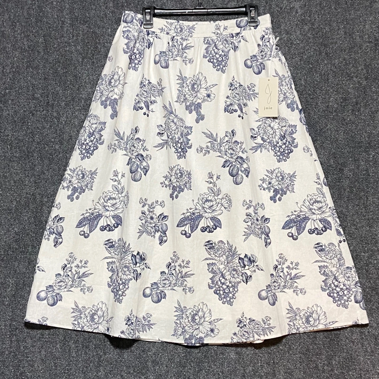 Joie Large A Line Midi Skirt White Blue Floral Elastic Waist Boho Linen Blend