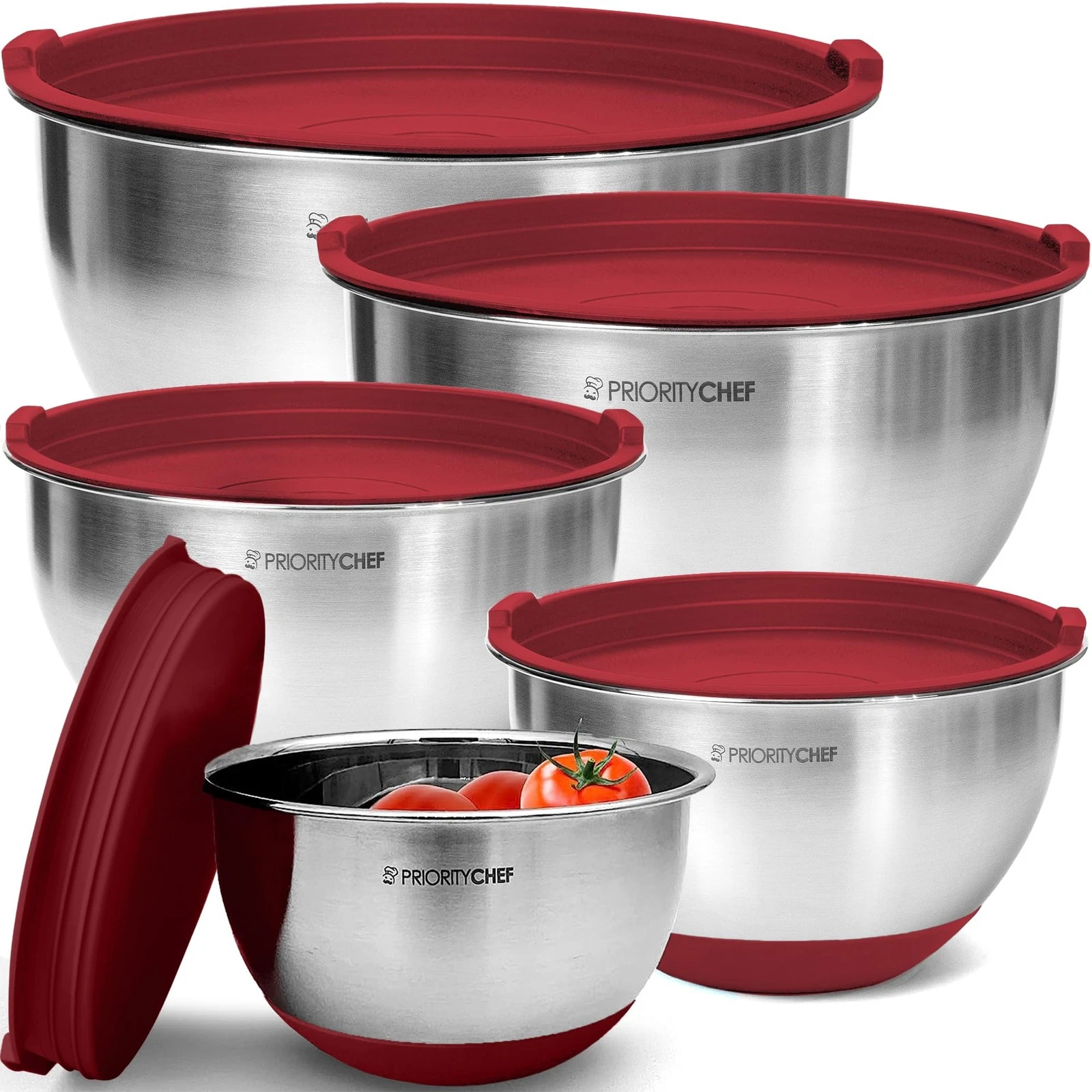 Priority Chef Premium Mixing Bowls With Airtight Lids Set, Standard, Red