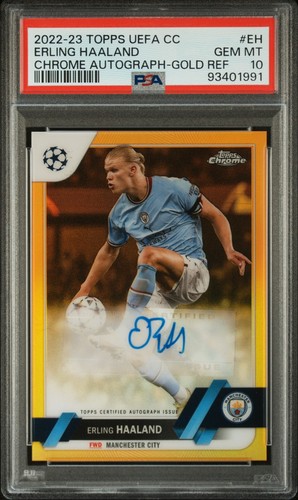 2022-23 TOPPS CHROME UEFA CHROME AUTOGRAPHS #EH ERLING HAALAND GOLD 05/50 PSA 10