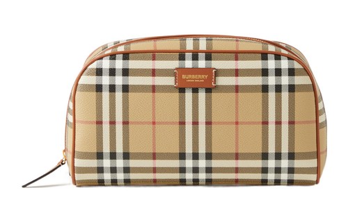 Burberry Embossed Patch Zip Closure Check Leather Travel Bag Toiletry Case