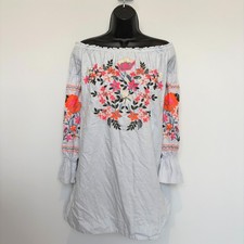 Free People Blue Floral Embroidered Off Shoulder Mini Dress Tunic Pockets Small