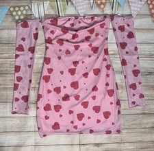 SHEIN SZ XS PINK AND RED HEART OFF SHOULDER MINI DRESS