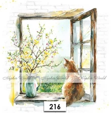 (216) TWO Paper LUNCHEON Decoupage Art Craft Napkins - CAT WATCHING from WINDOW