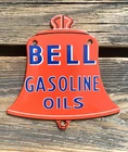 VINTAGE 6x6" BELL GASOLINE OILS PORCELAIN GAS SERVICE PUMP STATION PUMP SIGN