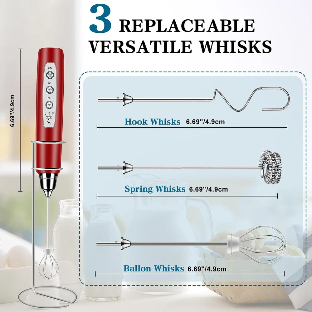 Milk Frother Handheld with Stand, Electric Whisk 3 Speed Adjustable, Red