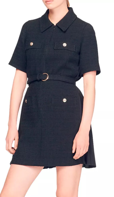 Sandro women's Nour Black Tweed Shirt Dress - size 42 / 10 US - retail $520
