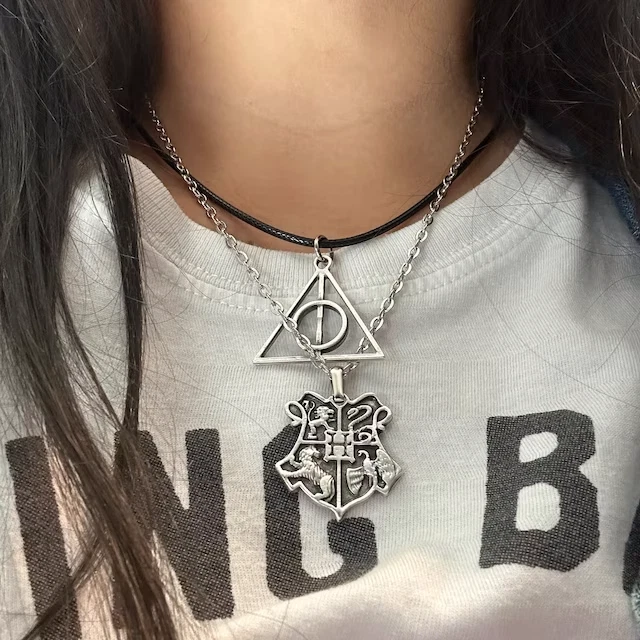 Collana Harry Potter DONI DELLA MORTE Corda Nero con ciondolo Argento Uomo Donna - Immagine 2 di 4