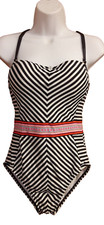 Gibson and Latimer Black White Stripe Padded 1 Piece Swimsuit Misses Size M