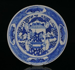 Large Antique Chinese Blue and White Porcelain HeHe Immortals Plate 19th C
