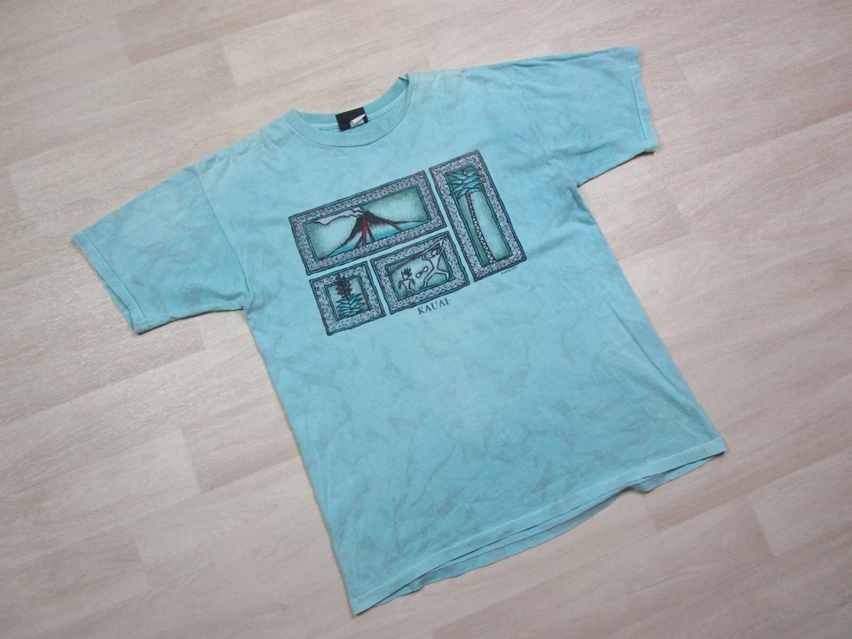 Camiseta Hawaiana Vintage Años 90 (L) Palmeras Volcán Maui Kauai Kona Arte Adulto Foto 2 de 4