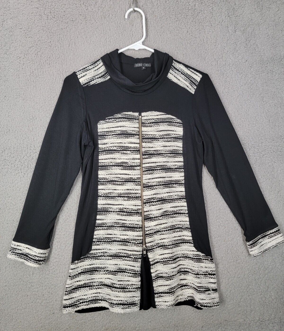 Boho Top Small Patchwork Tunic Black Grey Zip Acc… - image 3