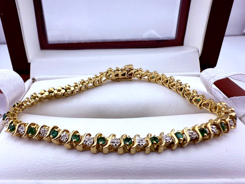 14K Solid Gold Diamond & Emerald Tennis Bracelet 7 1/8" Long #2113