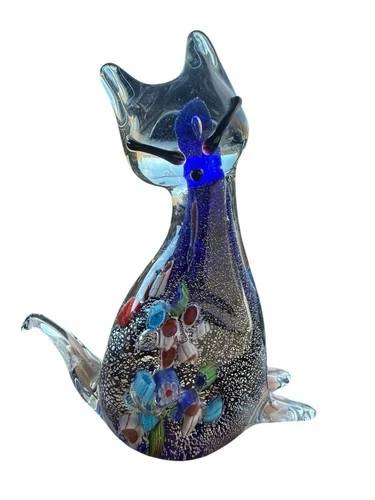 VTG Murano-Style Blown Glass Cat Millefiori Blue Paperweight Art Figurine Kitten