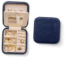Plush Velvet Jewelry Box  Travel Jewelry Case Organizer with Mirror Navy Blue