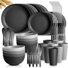 32-Piece With Flatware Kitchen Plastic Wheat Straw Dinnerware Set, Service fo...