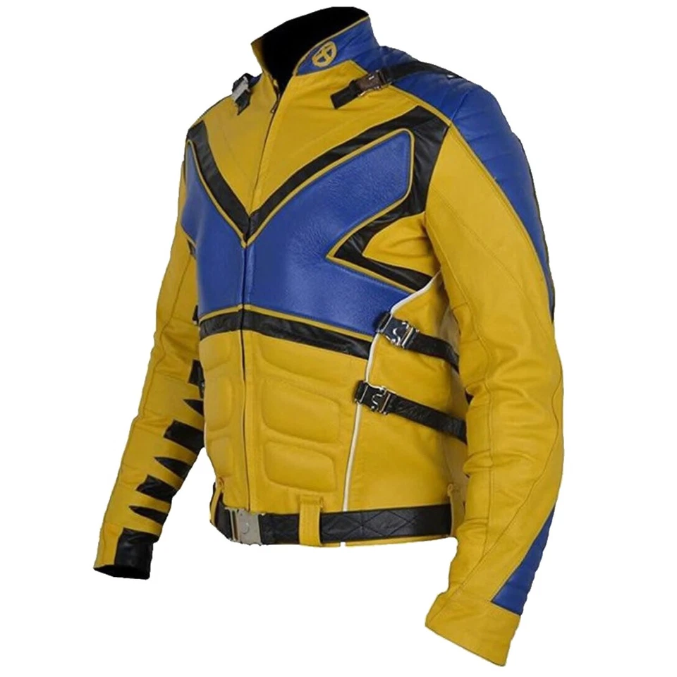 X-Men Wolverine Yellow Blue Leather Jacket  Halloween Cosplay Biker Style jacket - Image 3 of 4