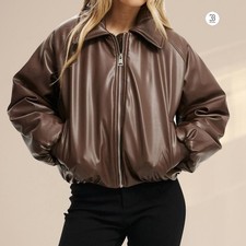 Women Oversized 90s Retro Brown Leather Bomber Jacket, Baggy Genuine Leather Jac