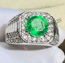 Green Emerald Gemstone Ring For Men's With 925 Sterling Silver Round Cut Ring