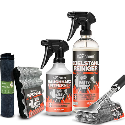 bio-chem Grillreiniger Set 5-tlg   Reiniger, Edelstahlpflege, Grillbürste & Tuch