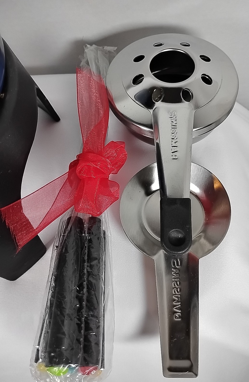 Swissmar Blue Enameled Cast Iron Fondue Pot With Stand, Top, and Fondue Forks