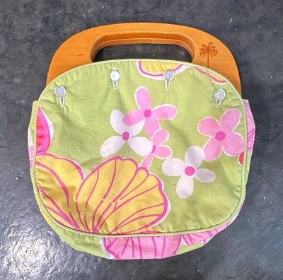 Lilly Pulitzer Floral Pink Green Top Handle Bag Wooden Handle Button Closure