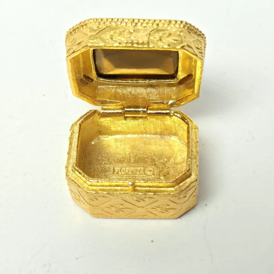FLORENZA JEWEL PILL BOX CASE STASH TRINKET GOLD Red RHINESTONE MCM Gift Idea - Image 2 of 4