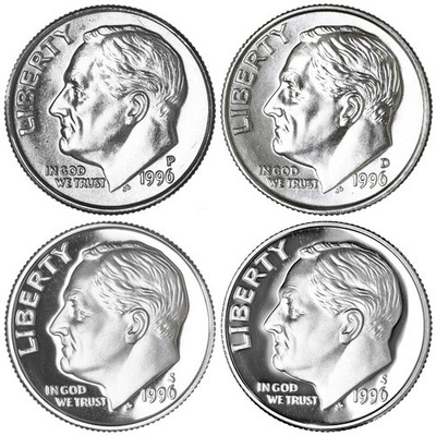 1996 P D S S Roosevelt Dime Year Set Silver & Clad Proof & BU US 4 Coin Lot