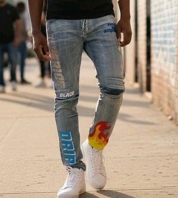 Black Pike Jeans Mens Blue Grunge Graffiti Distressed Y2K Flame 90s Size 36x32
