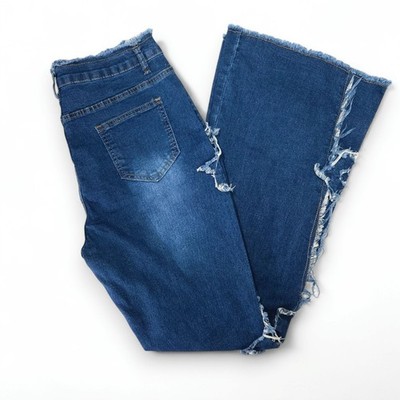 High Rise Flare Jeans Distressed Patchwork Raw Waist Hem Dark Wash Stretch 32x32