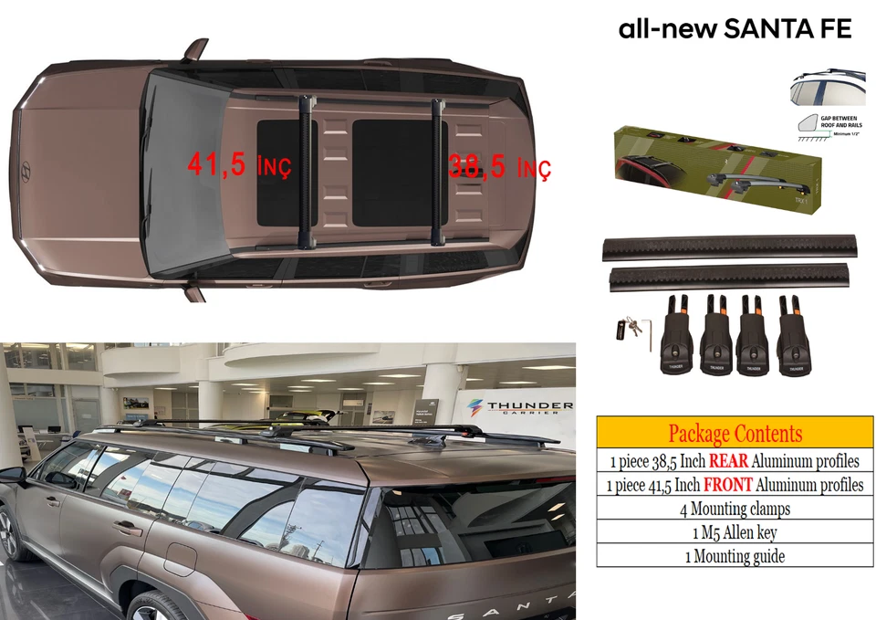 For Hyundai Santa Fe 2024-25 Roof Racks Cross Bars  Gray Anti-Theft System Foto 4 de 4