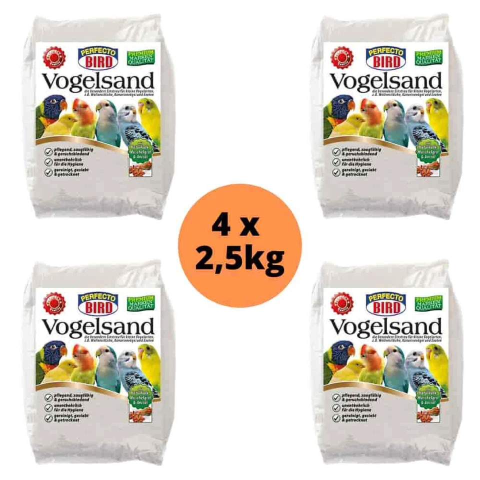 BONI-SHOP® 4 x 2,5kg Vogelsand Sandteppich mit Anisöl Muschelgrid Naturkalk hygienisch