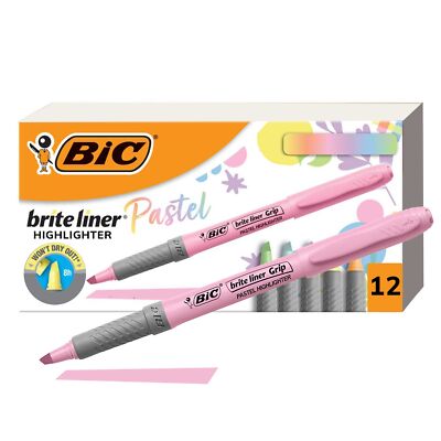 BIC Brite Liner Grip Pastel Highlighters 12 Count Chisel Tip Markers Set