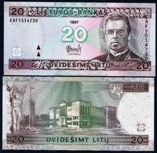 LITHUANIA 20 P-60 1997 PRE EURO HORSE UNC MONEY BILL LITHUANIAN WORLD BANK NOTE