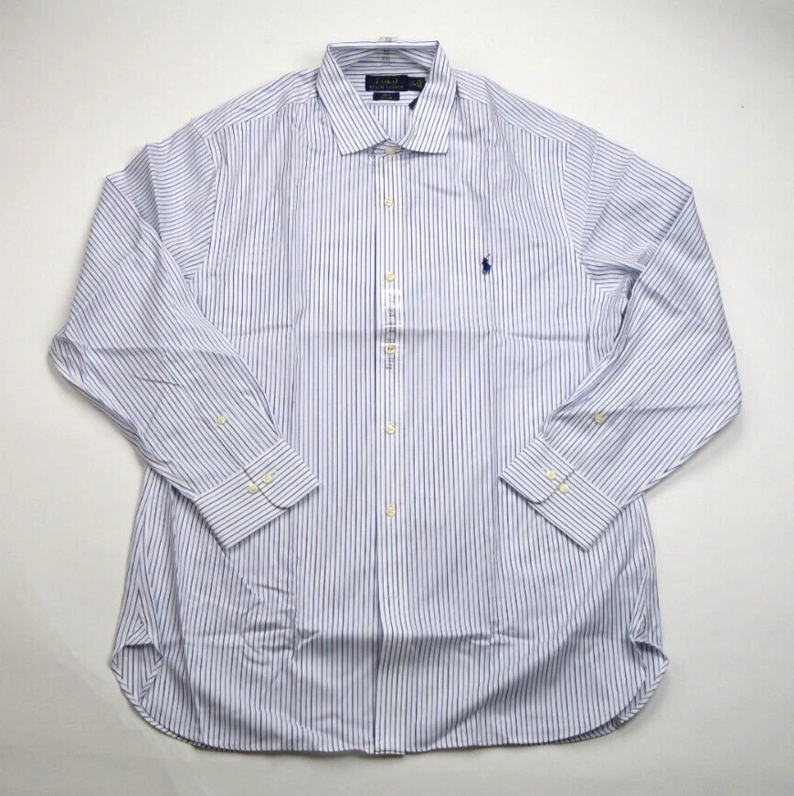 POLO RALPH LAUREN BLUE WHITE STRIPED SLIM FIT EASY CARE SHIRT Sz 15.5 34/35