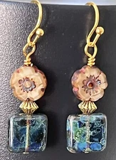 Gold, Blue Green and Rustic Beige Picasso Czech Glass Flowers. Bloom