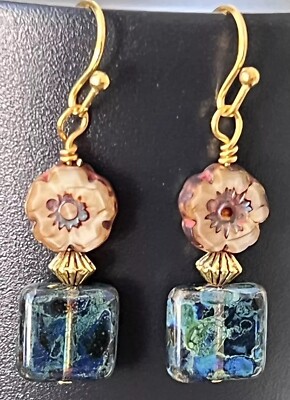 Gold, Blue Green and Rustic Beige Picasso Czech Glass Flowers. Bloom