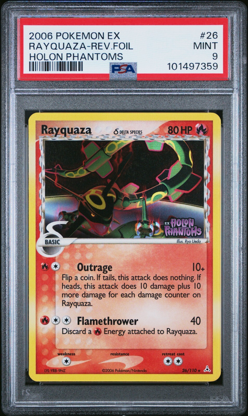 PSA 9 Rayquaza Reverse Holo 26/110 EX Holon Phantoms 2006 Pokemon Card