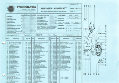 Einstelldaten Datenblatt Ersatzteilliste Zenith INAT Vergaser BMW 2500 - E16620