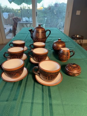 SIGNED Cusco Peru Handpainted 19 Piece Pottery Tea/Coffee Set