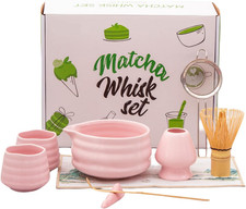 Matcha Set 9 Pieces,Pink Matcha Kit with Bamboo Matcha Whisk,Ceramic Bowl