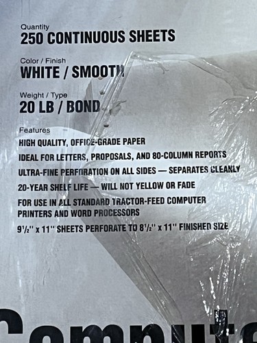 NIB XEROX Continuous Feed Computer Paper 20lb 8.5x11 margins removed ...