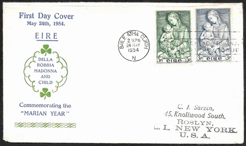 Ireland Marian Year Stamps Set Cachet FDC First Day Cover to USA 1954