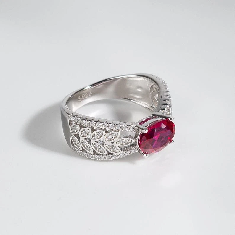 Lab Grown Ruby 14k Polish Vintage Women Jewelry Ring Weeding Gift - Image 2 of 3