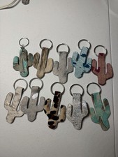 Lot of 10 Genuine Cowhide Cactus Keychains Double Sided Assorted Western Key Tag