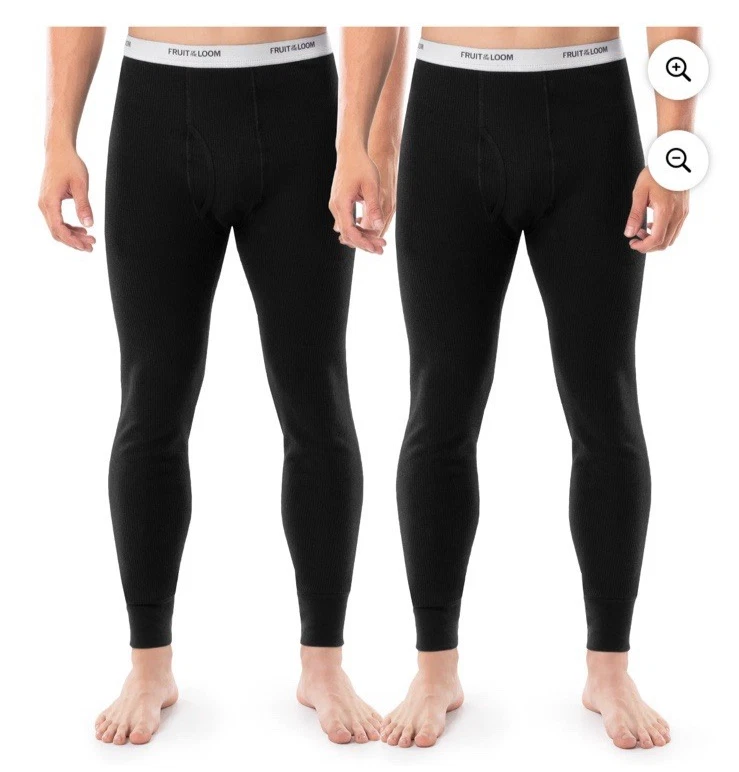 Fruit of The Loom Mens Black Thermal Underwear Bottom Pants 2-Pack XL(40-42")NWT
