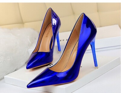 Decolte scarpe donna stiletto 11 cm blu lucido pelle sintetica 90531