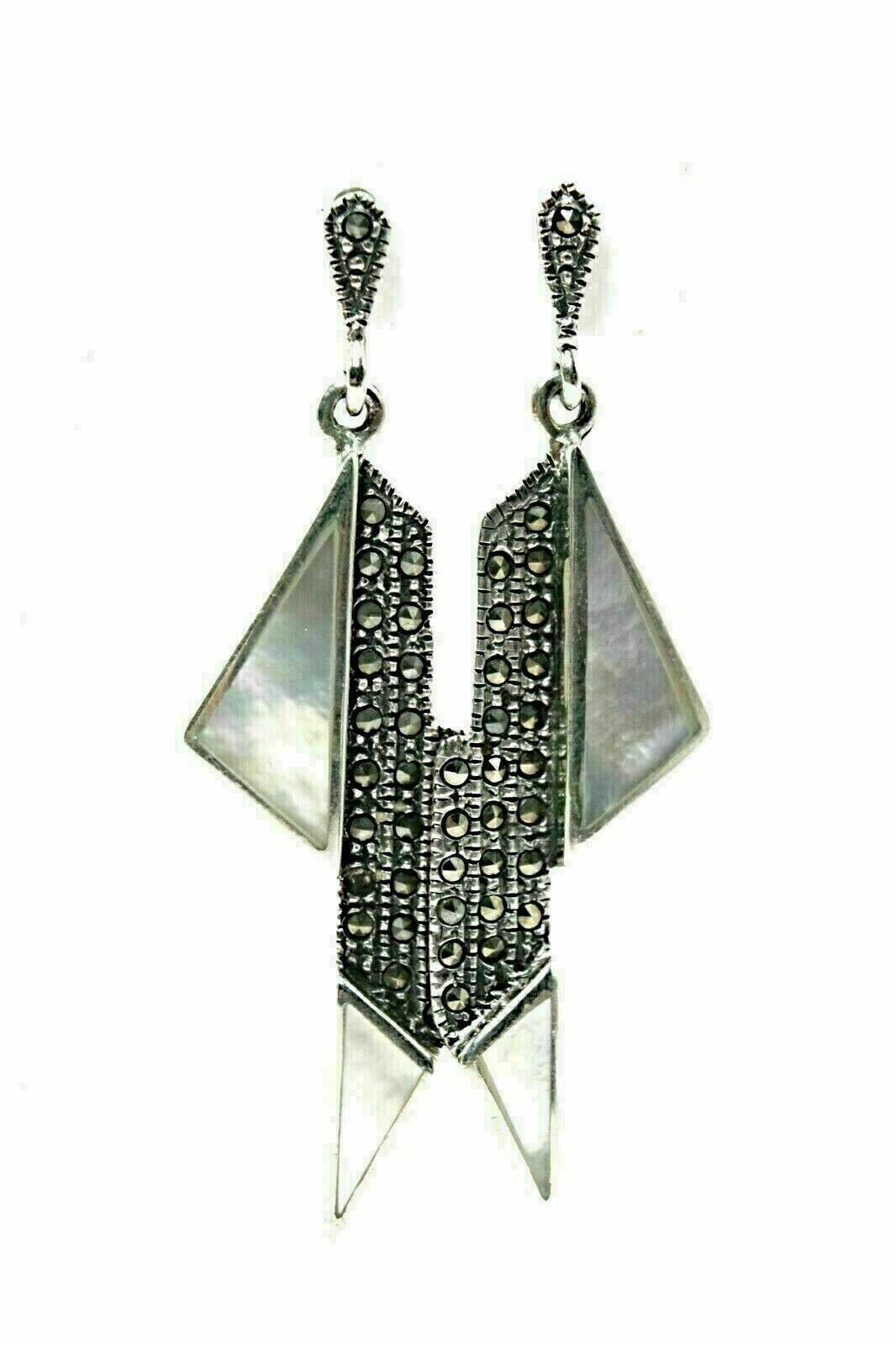 Silver Earrings Genuine Mother of Pearl and Marcasite Art Deco Solid Sterling