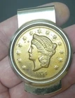 Vintage 1854 Gold Brass LIBERTY $20 Double Eagle Coin Replica Money Clip